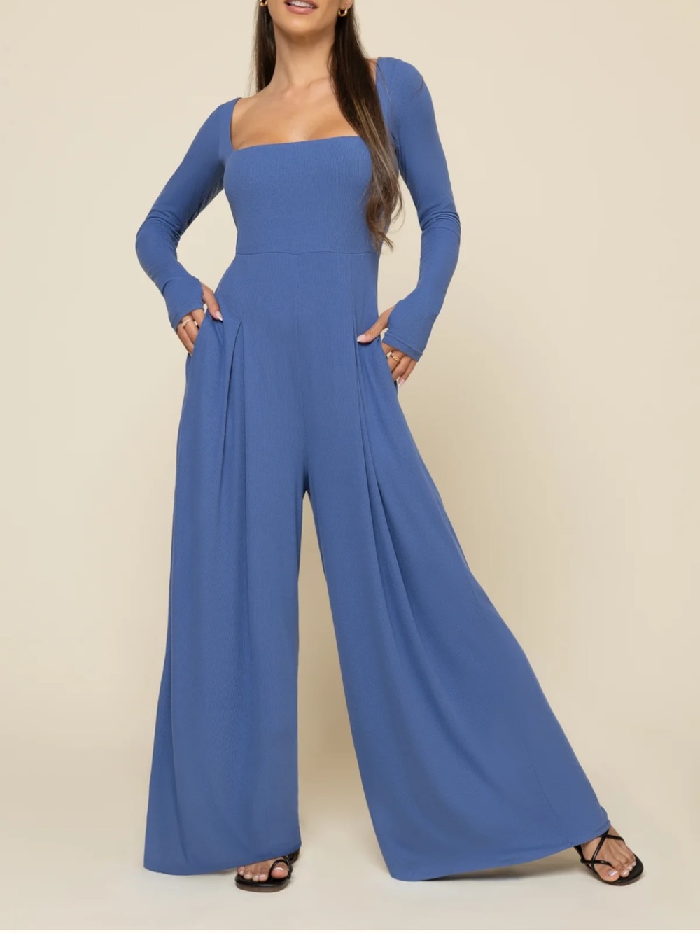 Popflex Go With The Flow Long Sleeve Jumpsuit Blue Horizon Medium Petite